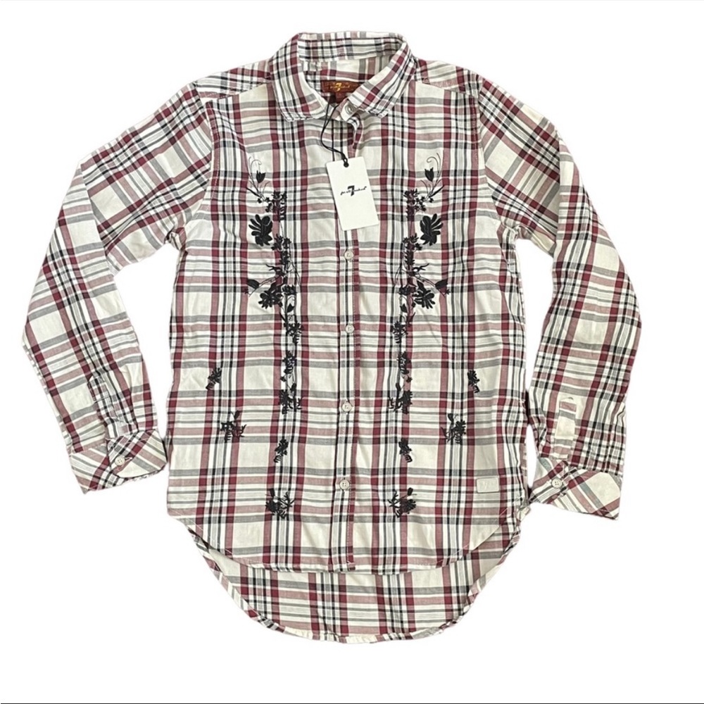 NEW 7 FOR ALL MANKIND Long Sleeve Plaid Button
Down Embroidered Shirt Large